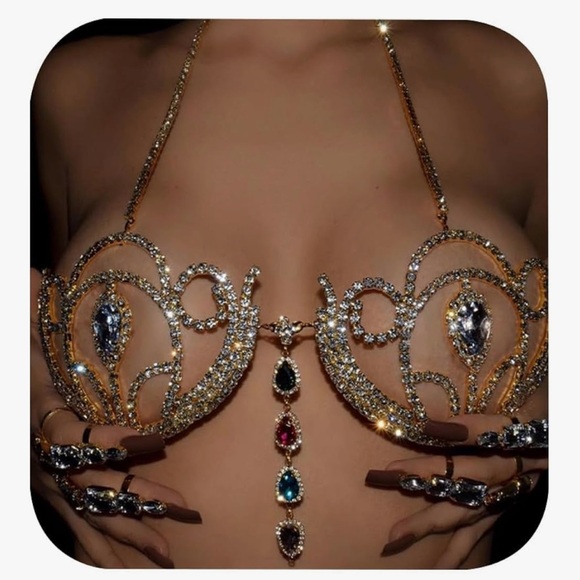 Gold Rhinestone crystal chain harness metallic bikini cover dress rave festival